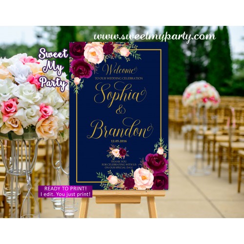 Navy Burgundy Wedding Welcome Sign,Marsala Wedding Welcome sign,(84aw)